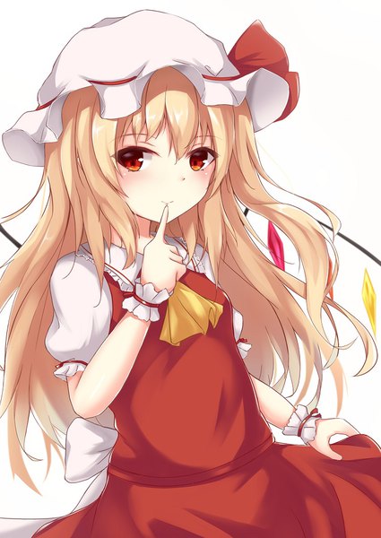Anime picture 753x1063 with touhou flandre scarlet kashiwagi yamine single long hair tall image looking at viewer blush fringe simple background blonde hair smile hair between eyes red eyes standing white background short sleeves one side up finger to mouth alternate hairstyle