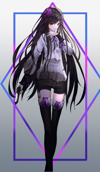 Anime-Bild 2330x4000 mit original domi (hyaku8795) single long hair tall image looking at viewer fringe highres black hair simple background hair between eyes standing holding green eyes hair flower grey background gradient background framed crossed legs (standing) girl