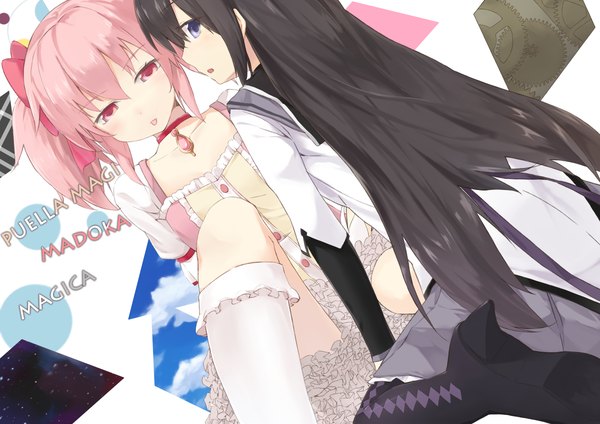 Anime picture 1200x848 with mahou shoujo madoka magica shaft (studio) akemi homura kaname madoka cccpo long hair short hair black hair red eyes purple eyes multiple girls pink hair shoujo ai :p girl dress bow 2 girls hair bow socks