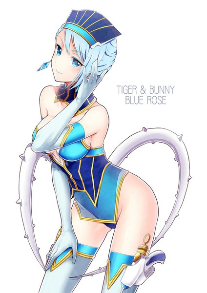 Anime picture 723x1023 with tiger & bunny sunrise (studio) karina lyle blue rose (tiger & bunny) single tall image looking at viewer short hair blue eyes light erotic simple background white background blue hair cleavage light smile girl thighhighs gloves earrings elbow gloves