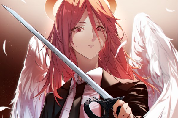 Anime picture 2895x1919 with chainsaw man mappa angel devil (chainsaw man) matsunaga777 single long hair looking at viewer fringe highres simple background hair between eyes brown hair holding brown eyes upper body gradient background shaded face angel wings expressionless white wings