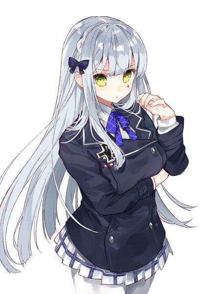 Anime picture 1640x2304 with girls frontline hk416 (girls frontline) hasegawa (rarairairai) single long hair tall image looking at viewer fringe simple background standing white background green eyes silver hair blunt bangs from above alternate costume facial mark breast hold girl skirt