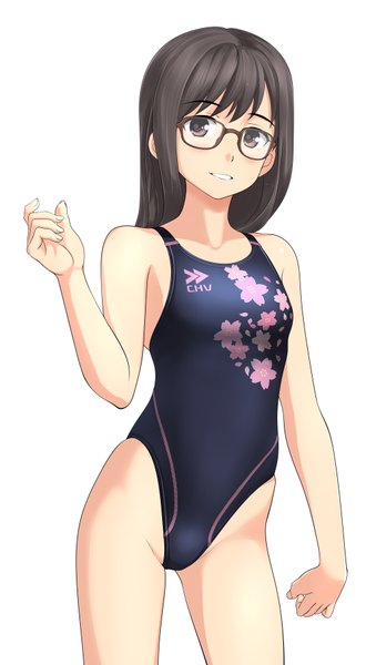 Anime picture 1996x3624 with original takafumi single long hair tall image looking at viewer blush fringe highres light erotic black hair simple background smile white background bare shoulders brown eyes bare legs grin floral print flat chest