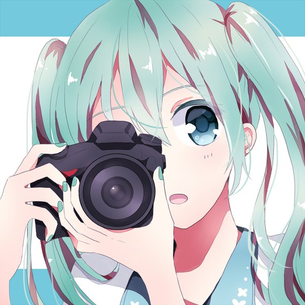 Anime picture 1100x1100 with vocaloid hatsune miku sumi (pixiv7386339) single long hair looking at viewer blush fringe open mouth hair between eyes twintails upper body nail polish aqua eyes aqua hair covering eye (eyes) aqua nail polish girl camera