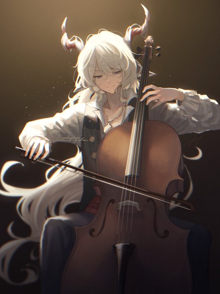 Anime picture 1800x2400 with arknights kreide (arknights) velephyr single tall image fringe highres blue eyes simple background smile hair between eyes sitting white hair very long hair horn (horns) sweat brown background playing instrument boy musical instrument