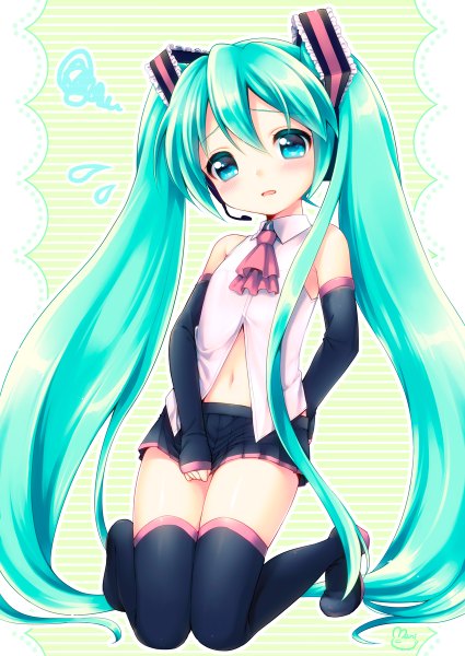 Anime picture 850x1200 with vocaloid hatsune miku usashiro mani single tall image looking at viewer blush open mouth light erotic twintails bare shoulders signed very long hair aqua eyes aqua hair kneeling girl navel detached sleeves miniskirt