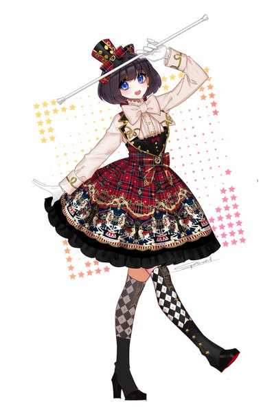 Anime-Bild 1000x1504 mit original sptuel single tall image blush fringe short hair open mouth blue eyes black hair smile holding signed full body blunt bangs long sleeves head tilt :d arm up outstretched arm