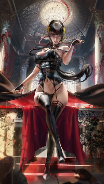 Anime picture 2263x4000 with spy x family yor briar sakimichan long hair tall image looking at viewer fringe highres breasts light erotic large breasts sitting holding full body indoors blunt bangs arm up realistic high heels crossed legs