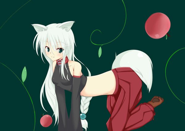 Anime picture 3507x2480 with original kotohane long hair highres smile green eyes animal ears absurdres white hair animal tail girl detached sleeves