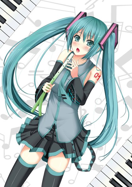 Anime picture 1131x1600 with vocaloid hatsune miku rayxray single tall image looking at viewer blush open mouth twintails bare shoulders very long hair aqua eyes aqua hair zettai ryouiki girl thighhighs skirt hair ornament detached sleeves vegetables
