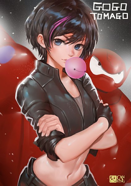 Anime picture 634x900 with big hero 6 disney baymax (big hero 6) gogo tomago (big hero 6) canking tall image fringe short hair blue eyes black hair standing pink hair multicolored hair open clothes open jacket two-tone hair bare belly streaked hair crossed arms girl