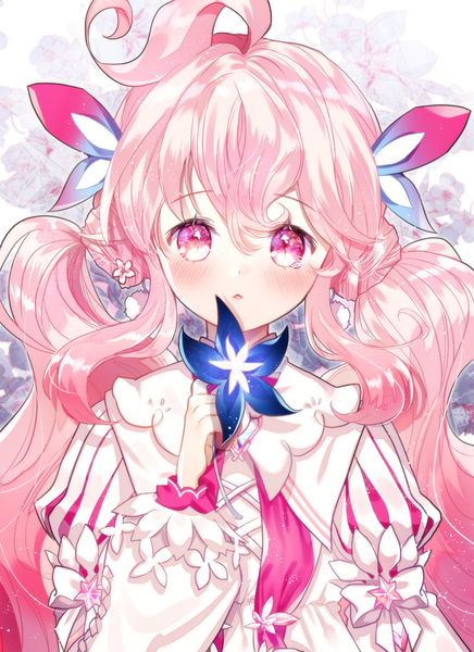 Anime picture 800x1100 with elsword laby (elsword) radiant soul (elsword) dabi (dabibubi) single long hair tall image looking at viewer blush fringe hair between eyes twintails pink hair upper body ahoge pink eyes low twintails cute girl flower (flowers)