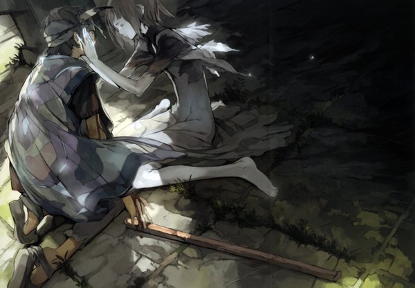 Anime picture 1600x1111 with ico (game) short hair sitting eyes closed barefoot horn (horns) grey hair no shoes pale skin sad girl dress boy boots blood cloak fireflies firewood