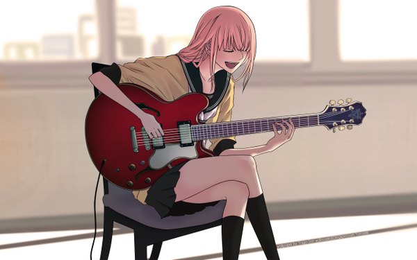 Anime picture 2560x1600 with vocaloid megurine luka yunomi (yunomi imonuy) long hair highres wide image girl guitar