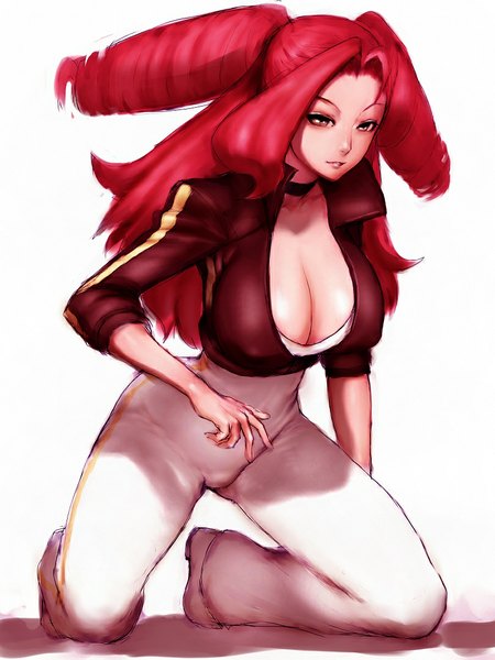 Anime picture 810x1080 with heroman studio bones vera collins fumio (rsqkr) single long hair tall image looking at viewer breasts light erotic simple background white background yellow eyes cleavage red hair kneeling drill hair cameltoe girl choker