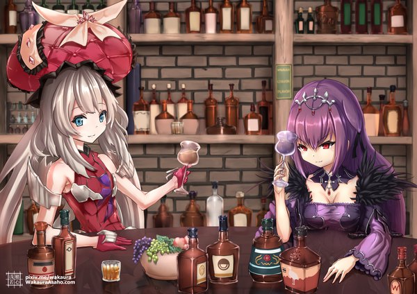 Anime picture 1170x827 with fate (series) fate/grand order scathach (fate) (all) marie antoinette (fate/grand order) scathach skadi (fate) wakaura asaho long hair looking at viewer breasts blue eyes smile red eyes multiple girls signed purple hair long sleeves grey hair depth of field sleeveless girl