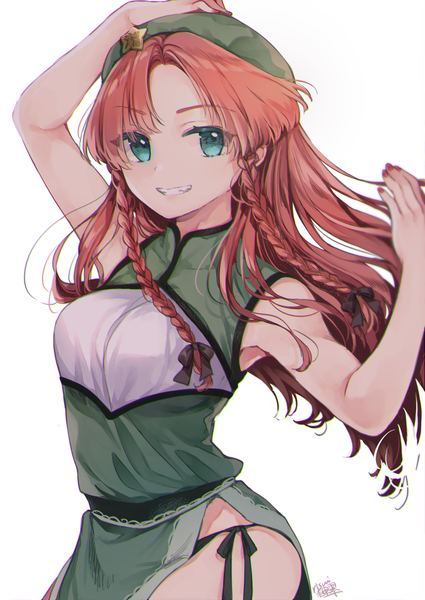 Anime picture 2508x3541 with touhou hong meiling risui (suzu rks) single long hair tall image highres light erotic simple background white background upper body red hair braid (braids) traditional clothes aqua eyes sleeveless twin braids chinese clothes side slit hand on head