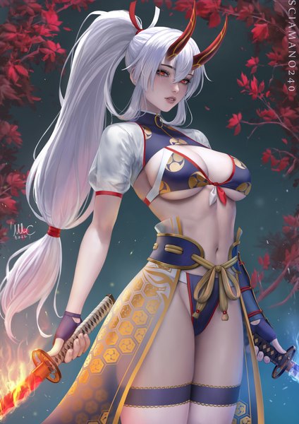 Anime picture 2120x3000 with fate (series) fate/grand order tomoe gozen (fate) sciamano240 single long hair tall image looking at viewer blush fringe highres breasts light erotic hair between eyes red eyes large breasts standing holding signed white hair