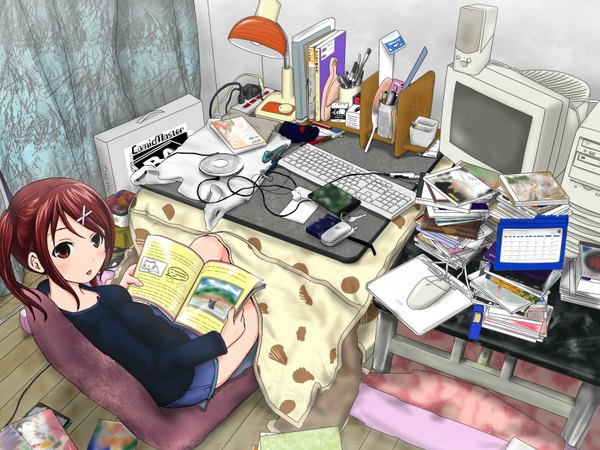 Anime picture 1600x1200 with original niito (pixiv27527) single long hair looking at viewer blush fringe breasts open mouth red eyes sitting twintails red hair from above reading girl shirt shorts book (books) short shorts