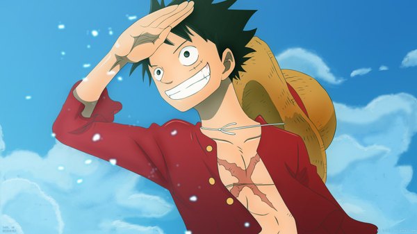 Anime picture 1920x1080 with one piece toei animation monkey d. luffy highres short hair black hair smile wide image looking away sky cloud (clouds) black eyes open clothes open shirt scar naked shirt hat shirt