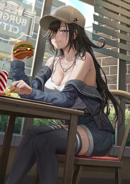 Anime picture 1240x1754 with tatakau ataisuru zara moussa silvertsuki single long hair tall image looking at viewer fringe breasts blue eyes light erotic black hair large breasts holding yellow eyes cleavage indoors long sleeves hair over one eye off shoulder