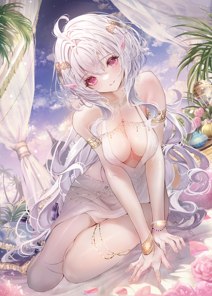 Anime picture 2591x3624 with fate (series) fate/prototype merlin (fate/prototype) chiachun0621 single tall image looking at viewer fringe highres light erotic hair between eyes sitting sky cleavage silver hair cloud (clouds) ahoge bent knee (knees) very long hair head tilt