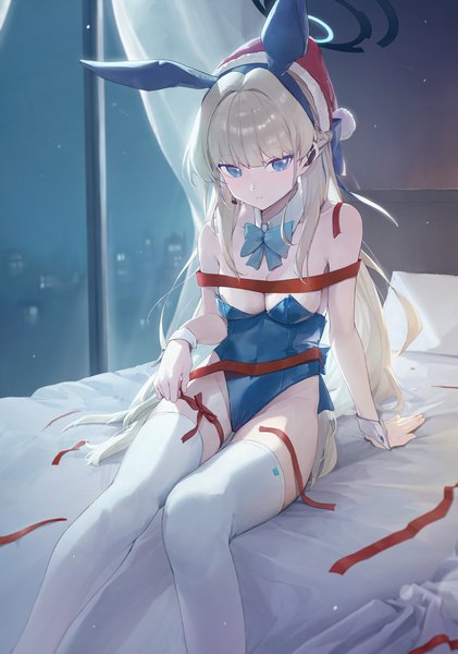 Anime picture 4961x7063 with blue archive toki (blue archive) toki (bunny) (blue archive) enokinoko1010 single long hair tall image looking at viewer fringe highres breasts blue eyes light erotic blonde hair large breasts sitting bare shoulders animal ears absurdres blunt bangs