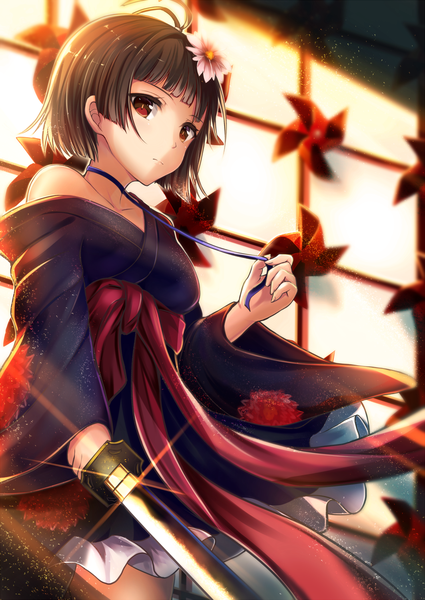 Anime picture 1062x1500 with koutetsujou no kabaneri wit studio mumei (kabaneri) sakura ani single tall image looking at viewer short hair black hair bare shoulders brown eyes ahoge hair flower sunlight girl flower (flowers) ribbon (ribbons) weapon sword belt