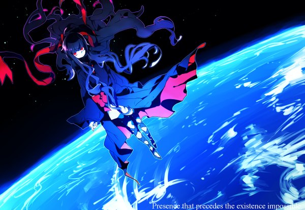 Anime picture 1413x978 with kagerou project shaft (studio) azami (kagerou project) barutika haieitelu single looking at viewer fringe black hair red eyes payot ponytail very long hair text english outstretched hand space weightlessness girl dress