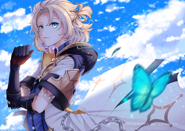 Anime picture 3508x2480 with genshin impact albedo (genshin impact) hanapen single highres short hair blonde hair signed absurdres sky cloud (clouds) aqua eyes half updo boy gloves black gloves elbow gloves insect butterfly multicolored gloves