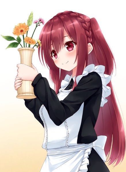 Anime picture 669x916 with original hoshino kagari single long hair tall image blush fringe simple background hair between eyes red eyes looking away upper body red hair braid (braids) maid two side up gradient background crown braid girl uniform