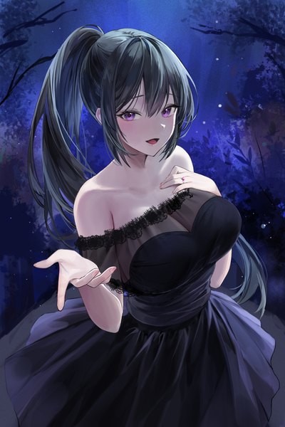 Anime picture 4000x6000 with original lillly single long hair tall image looking at viewer blush fringe highres breasts open mouth light erotic black hair hair between eyes large breasts standing purple eyes bare shoulders payot absurdres