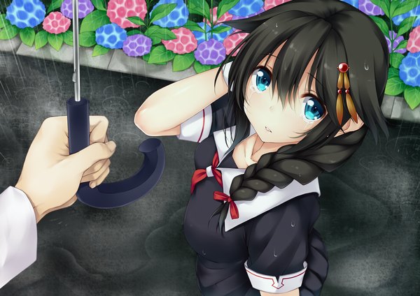 Anime picture 1316x930 with kantai collection shigure destroyer rayn long hair looking at viewer blue eyes black hair braid (braids) tears rain remodel (kantai collection) girl skirt hair ornament flower (flowers) umbrella sailor suit hand