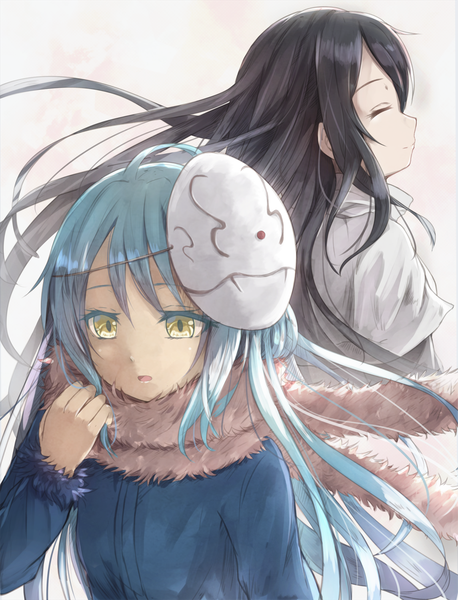 Anime picture 1145x1500 with tensei shitara slime datta ken 8bit rimuru tempest izawa shizue hikari niji long hair tall image fringe open mouth black hair simple background hair between eyes standing yellow eyes payot looking away upper body ahoge eyes closed profile