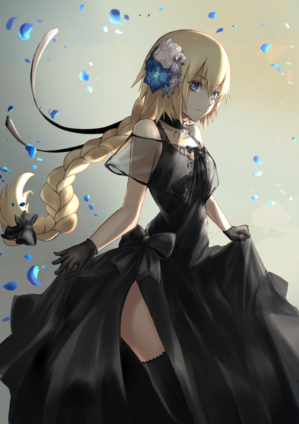 Anime picture 868x1228 with fate (series) fate/grand order fate/apocrypha jeanne d'arc (fate) (all) jeanne d'arc (formal dress) (fate) kaze minoru so-ru single long hair tall image fringe breasts blue eyes blonde hair simple background smile hair between eyes standing bare shoulders looking away braid (braids)