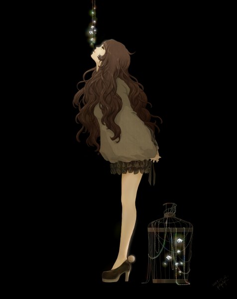 Anime picture 1000x1261 with original pl single long hair tall image open mouth simple background brown hair high heels black background looking up girl skirt crystal cage