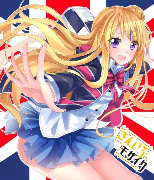 Anime picture 1018x1195 with kin-iro mosaic kujou karen swordsouls single long hair tall image looking at viewer blush open mouth blonde hair purple eyes flag print girl skirt uniform school uniform bowtie x hair ornament school bag flag