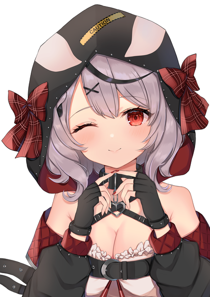 Anime picture 4961x7016 with virtual youtuber hololive sakamata chloe sakamata chloe (1st costume) sayo shigure (sayosigure) single tall image looking at viewer blush highres short hair breasts light erotic simple background smile red eyes large breasts white background absurdres cleavage