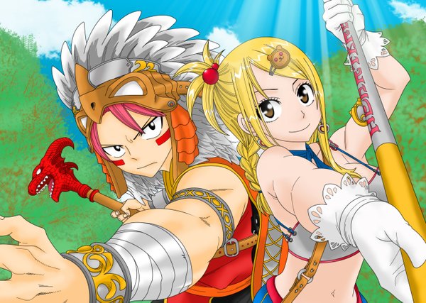 Anime picture 2736x1950 with fairy tail lucy heartfilia natsu dragneel long hair highres short hair blonde hair smile brown eyes pink hair sky cloud (clouds) braid (braids) black eyes sunlight midriff one side up coloring muscle girl