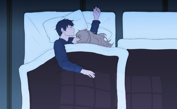 Anime picture 1360x841 with toradora j.c. staff aisaka taiga takasu ryuuji long hair short hair black hair brown hair wide image night couple sleeping girl boy pillow bed pajamas futon