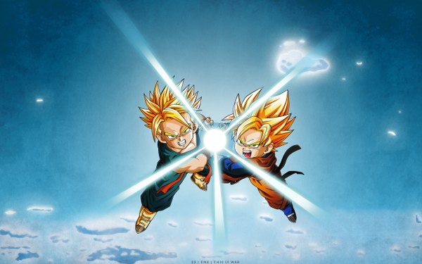 Anime picture 2560x1600 with dragon ball dragon ball z son goku looking at viewer fringe highres short hair blonde hair green eyes sky cloud (clouds) teeth eyebrows muscle angry clenched teeth screaming super saiyan boy