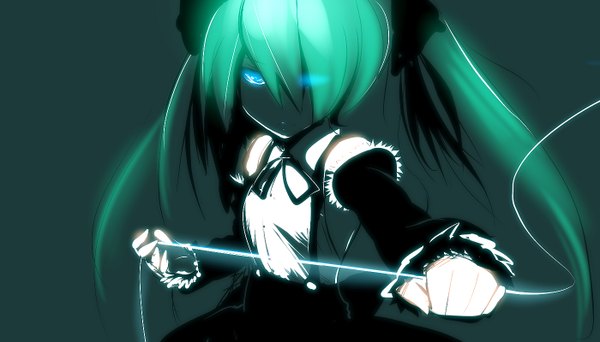 Anime-Bild 1400x800 mit vocaloid hatsune miku hyudora (artist) single long hair looking at viewer fringe blue eyes simple background smile wide image twintails bare shoulders holding green hair hair over one eye grey background outstretched arm girl ribbon (ribbons)