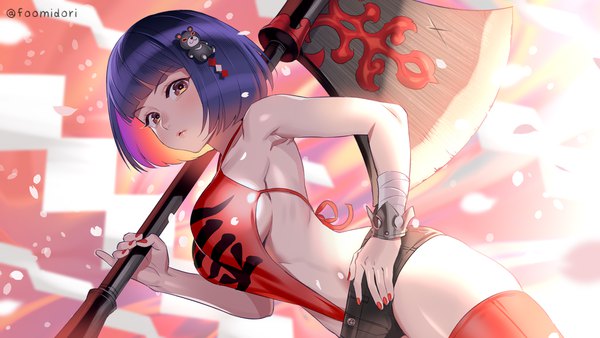 Anime picture 1422x800 with original midori foo single looking at viewer blush fringe short hair breasts light erotic wide image bare shoulders signed yellow eyes purple hair multicolored hair dutch angle twitter username weapon over shoulder girl thighhighs