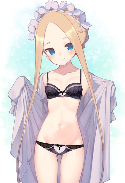 Anime picture 1368x2000 with fate (series) fate/grand order abigail williams (fate) bell (satappe) single long hair tall image looking at viewer blush blue eyes light erotic simple background blonde hair smile standing payot off shoulder bare legs bare belly ass visible through thighs