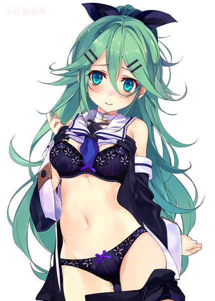 Anime picture 572x800 with kantai collection yamakaze (kantai collection) shirokitsune single long hair tall image looking at viewer blush fringe light erotic simple background hair between eyes white background bare shoulders nipples ponytail aqua eyes green hair undressing girl