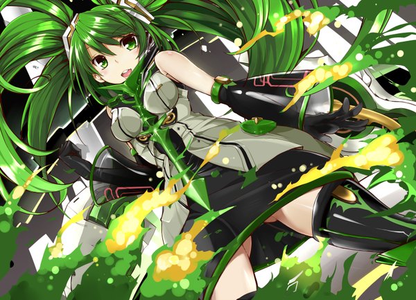 Anime picture 3236x2338 with vocaloid hatsune miku blossomsa single long hair blush highres open mouth twintails bare shoulders green eyes absurdres green hair girl thighhighs dress gloves black thighhighs detached sleeves