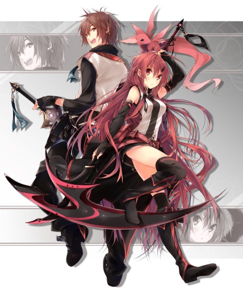 Anime picture 1500x1852 with kuwashima rein long hair tall image blush short hair red eyes brown hair brown eyes red hair couple girl thighhighs boy weapon black thighhighs detached sleeves sword boots fingerless gloves dragon