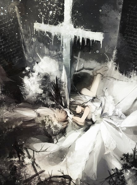 Anime picture 814x1100 with original asahiro tall image blush short hair black hair bare shoulders lying black eyes on side winter girl dress gloves hair ornament ribbon (ribbons) white gloves white dress cross snowflake (snowflakes)