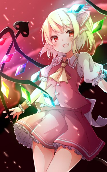 Anime picture 1000x1600 with touhou the embodiment of scarlet devil flandre scarlet nankotsu single tall image blush short hair open mouth blonde hair red eyes :d puffy sleeves one side up slit pupils no hat girl skirt weapon miniskirt