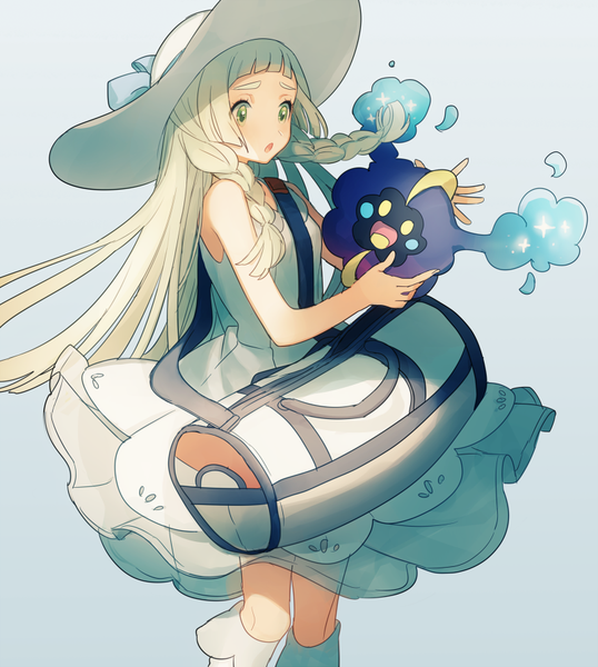 Anime picture 800x893 with pokemon pokemon sm nintendo lillie (pokemon) cosmog asuda (artist) single long hair tall image blush fringe open mouth simple background blonde hair standing holding green eyes payot looking away upper body